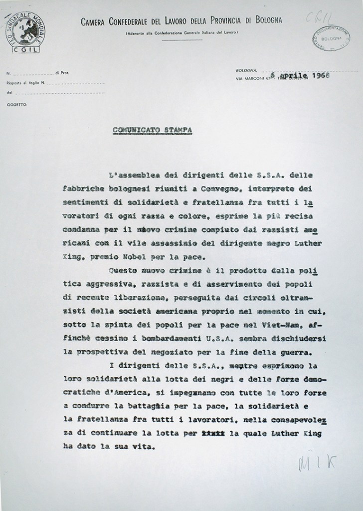 Comunicato per l’assassinio di M.L. King
6/4/1968 (Archivio storico della Camera del Lavoro di Bologna)